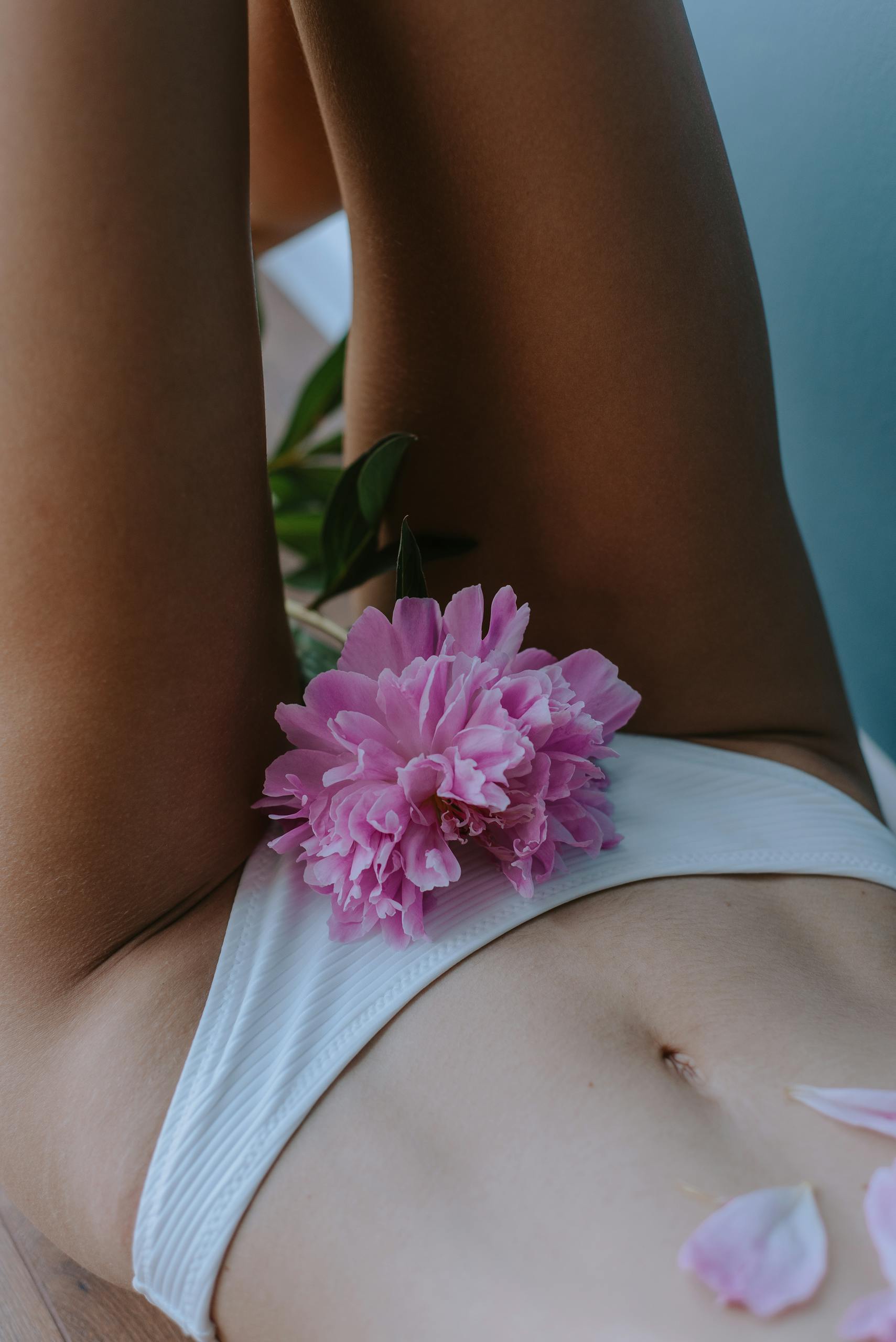Creative composition featuring a pink flower resting on white fabric, highlighting elegance and beauty.